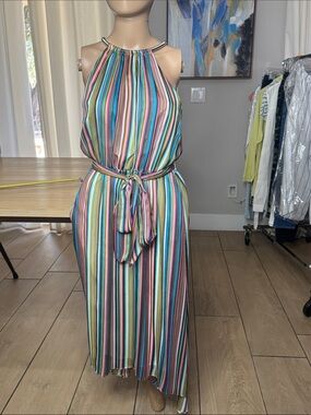 Antonio Melani Multicolor Striped Halter Midi Dress Belted High-Low Hem Size 4